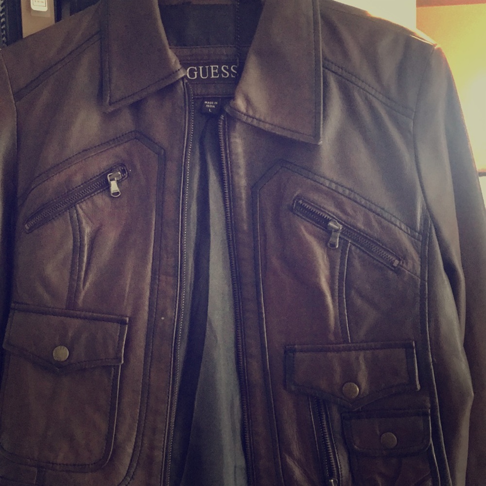 Guess leather jacket! Small! Large Fit on size 8
